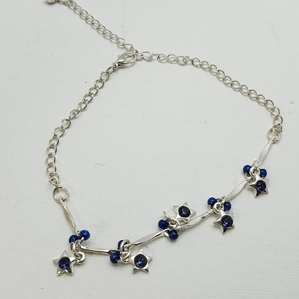 Silver Tone Ankle or Wrist Bracelet 9" Blue Stone